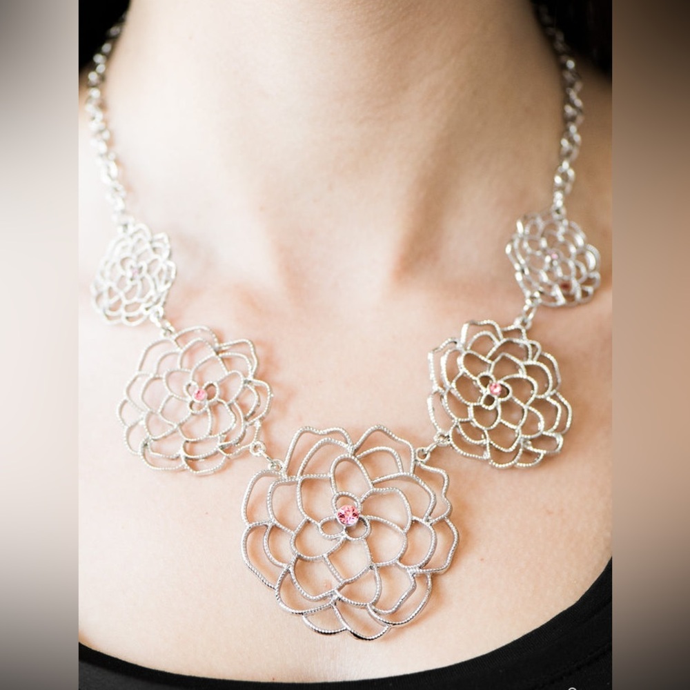 Crowned Carnation - Pink Necklace in silver color